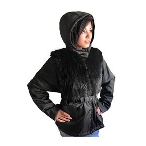 WOMEN'S Authentic Prada shiny Russian fox fur panel and technical nylon jacket M